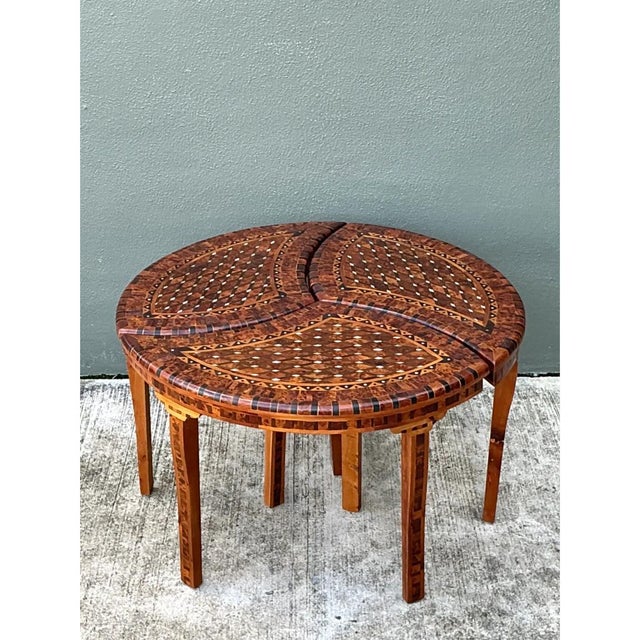 Brown Vintage Geometric Inlaid Wood Coffee Table For Sale - Image 8 of 12