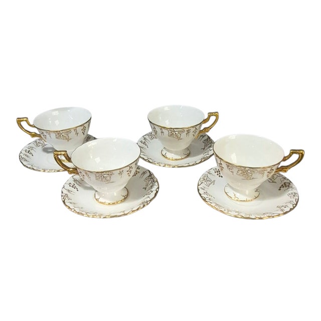 Vintage Royal Crown Derby Fine Porcelain England "Vine" Gilded Four Cups & Saucers Tea Set - 8 pcs For Sale - Image 9 of 9