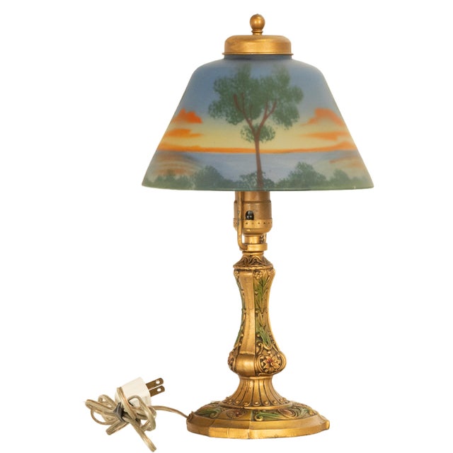 1910s Handel Art Nouveau Frosted Glass Reverse Painted Boudoir Table Lamp For Sale - Image 9 of 14