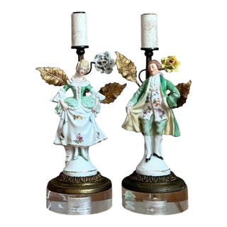 Vintage Lucite Base Porcelain Figurine Lamps - a Pair For Sale