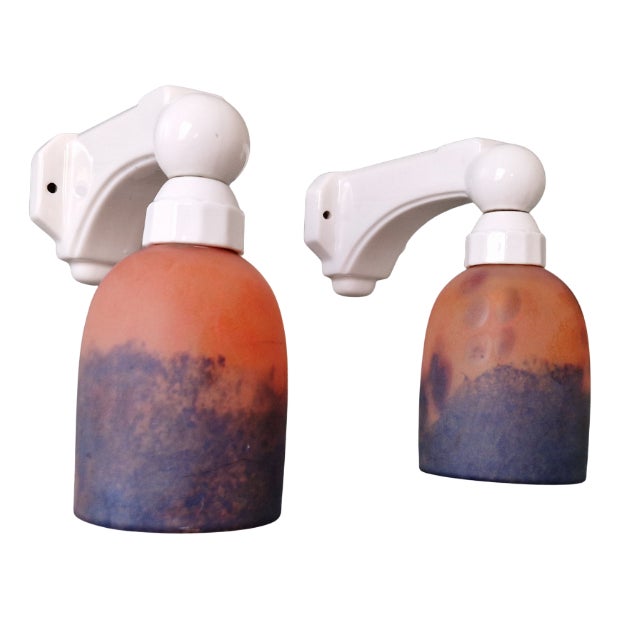 Art Deco Wall Sconces in Porcelain and Multicoloured Satin Glass, 1930s, Set of 2 For Sale