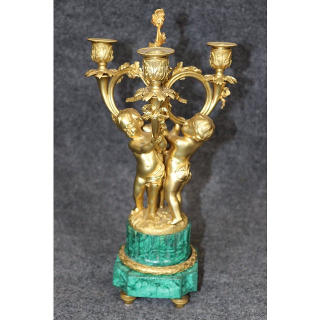 French 19th C Bronze Ormolu and Malachite Clockset Made for Tiffany & Co France For Sale - Image 12 of 12