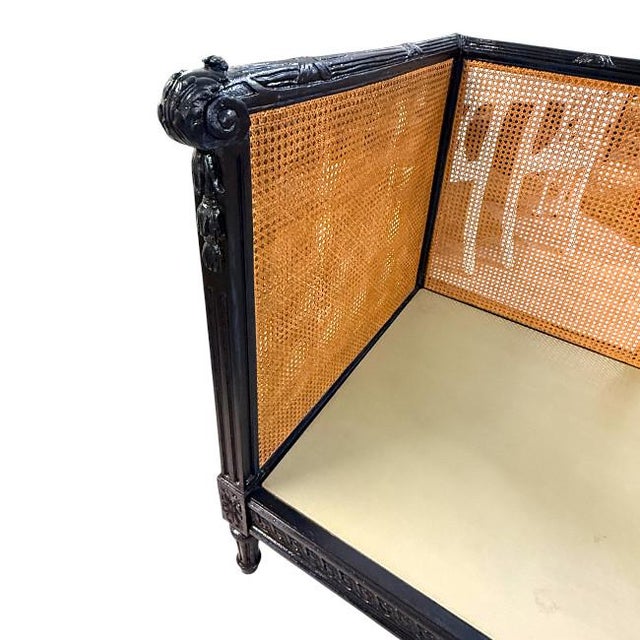 Vintage Black High-Gloss Lacquer Double-Caned Daybed With Custom Tiger Upholstery For Sale - Image 11 of 16