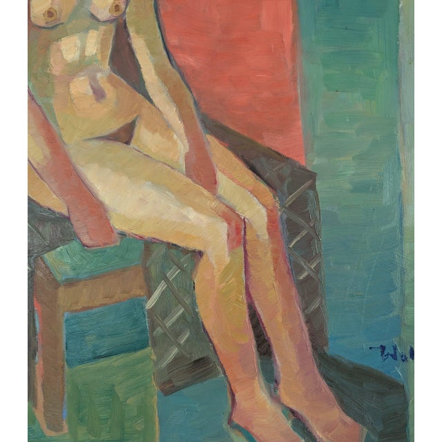 Mid-Century Modern "Nude on Chair" Vintage Figurative Oil Painting, Framed For Sale - Image 10 of 11