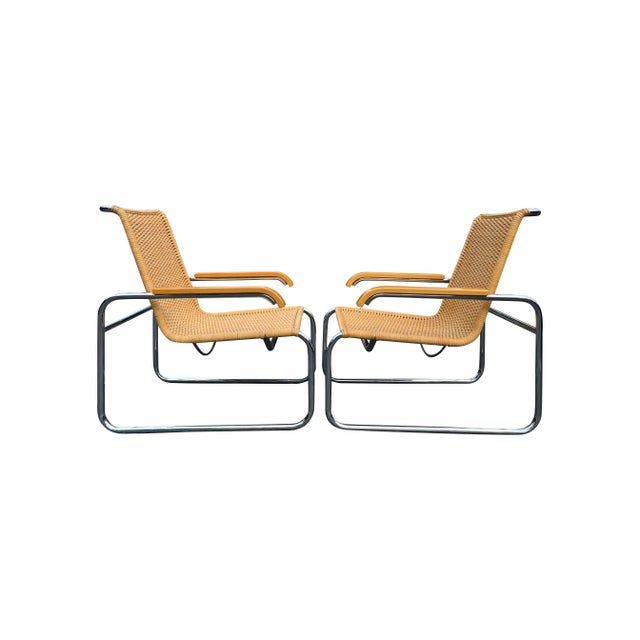 1970s Marcel Breuer B35 Modern Rattan Wicker Arm Chairs for Icf a Pair For Sale In New York - Image 6 of 11