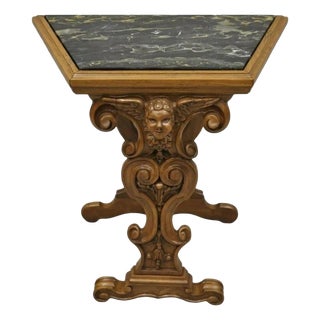Early 20th Century Italian Renaissance Figural Carved Marble Top Side Table With Winged Cherub Head For Sale