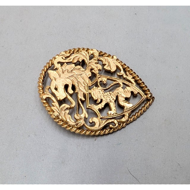 Metal Vintage 1970s Signed Napier Goldtone Cut Out Rearing Lion Coat of Arms Brooch For Sale - Image 7 of 7