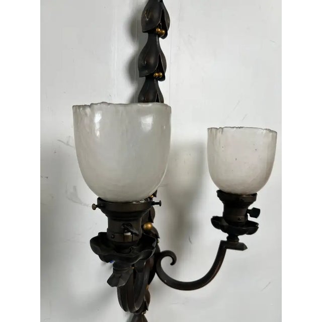 Art Nouveau 1930s Art Nouveau Two Arms Bronze W Frosted Milk Glass Shades Wall Sconce, a Set of 3 For Sale - Image 3 of 13