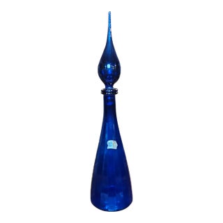 Vintage MCM Empoli Cobalt Blue Italian Glass Genie Bottle With Original Label For Sale