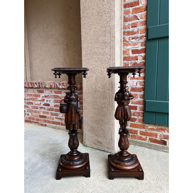 Antique French Breton Pedestal Stands PAIR Carved Figural Display Brittany c1900. Direct from France, a dramatic PAIR of...