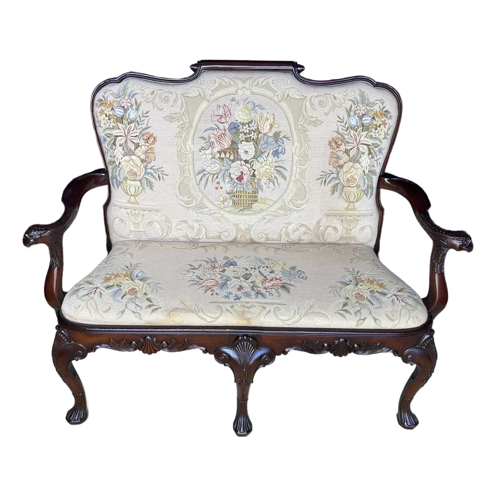 Queen Anne Style Mahogany Needle Point Settee | Chairish