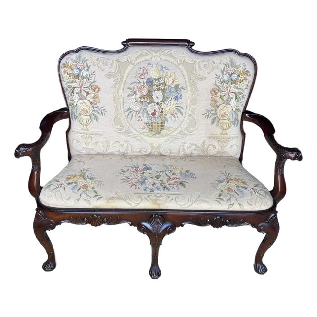 Queen Anne Style Mahogany Needle Point Settee For Sale