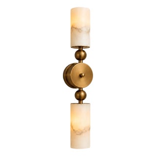 Brass Double Wall Sconce With Natural Alabaster Shades, Contemporary Double Wall Sconce, Natural Stone Lighting for Bedroom & Hallway For Sale