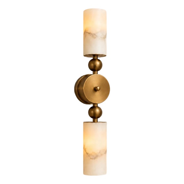 Brass Double Wall Sconce With Natural Alabaster Shades, Contemporary Double Wall Sconce, Natural Stone Lighting for Bedroom & Hallway For Sale