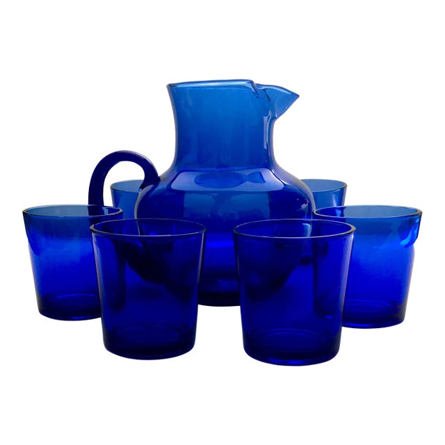 Libbey Blue Glass Drinks Service- 1 Pitcher & Six Lowball Glasses For Sale