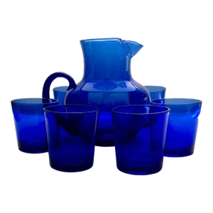 Libbey Blue Glass Drinks Service- 1 Pitcher & Six Lowball Glasses
