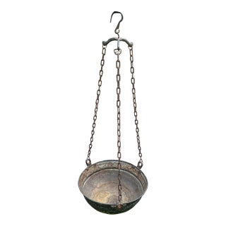 Antique Handmade Silver on Copper Handing Cauldron/Pot on Rusted Iron Chain For Sale