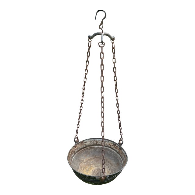 Antique Handmade Silver on Copper Handing Cauldron/Pot on Rusted Iron Chain For Sale