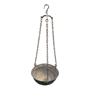 Antique Handmade Silver on Copper Handing Cauldron/Pot on Rusted Iron Chain