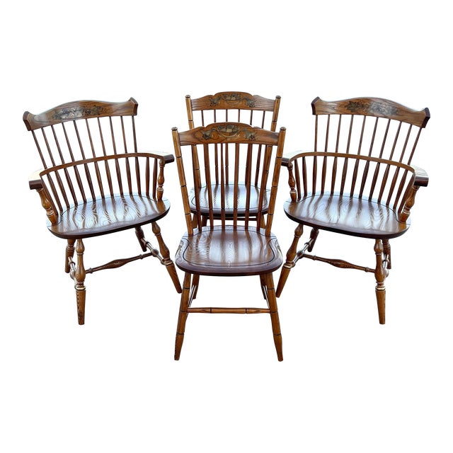 L. Hitchcock Oak Stonington Harvest Paint Decorated Side Chairs - Set of 4 For Sale
