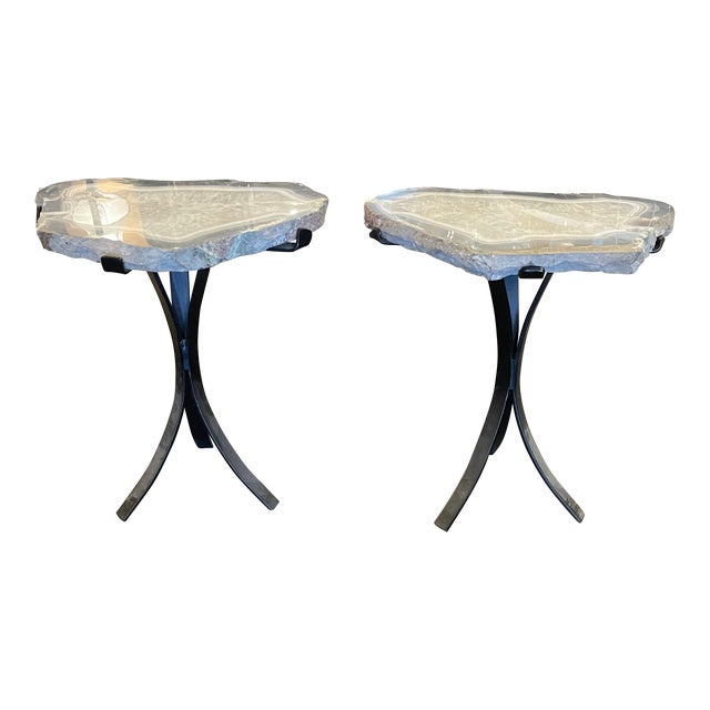 1980s Pair of Agate Top Accent Side Tables For Sale