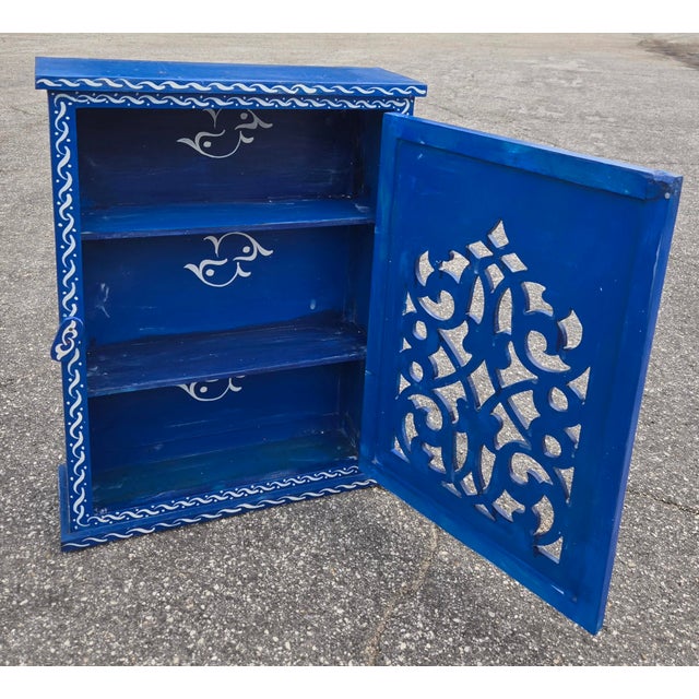 Hand Painted Mediterranean Medicine Cabinet / Wall Shelf / Navy Blue and White Zouak For Sale In Orlando - Image 6 of 7