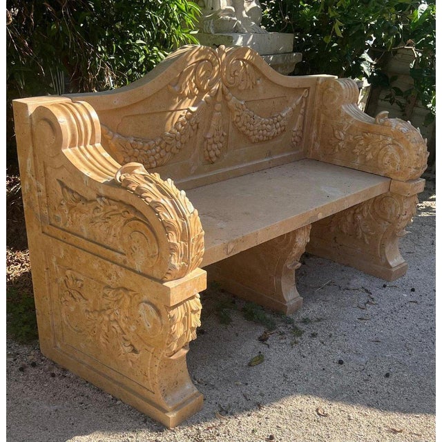 "Italian Marble Bench – 20th Century" Origin: Italy Period: 1970s (20th century) Material: Carved marble Dimensions: 180 x...