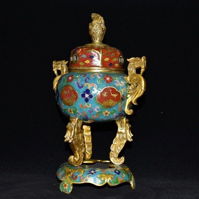 Elegant Vintage Chinese Cloisonné Enamel & Gilt Bronze Tripod Censer on Stand For Sale In Los Angeles - Image 6 of 9
