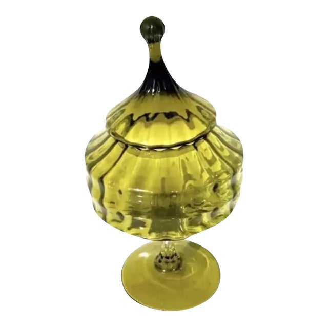 Vintage Mid Century Modern Italian Empoli Blown Glass Apothecary Jar Green Italy. For Sale