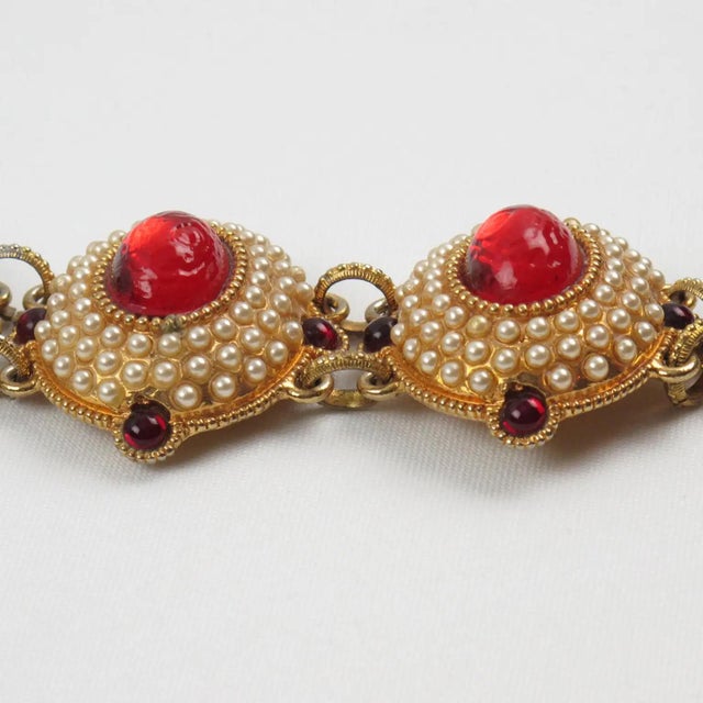 Metal Chantal Thomass Jeweled Bracelet Pearl and Red Cabochons For Sale - Image 7 of 9