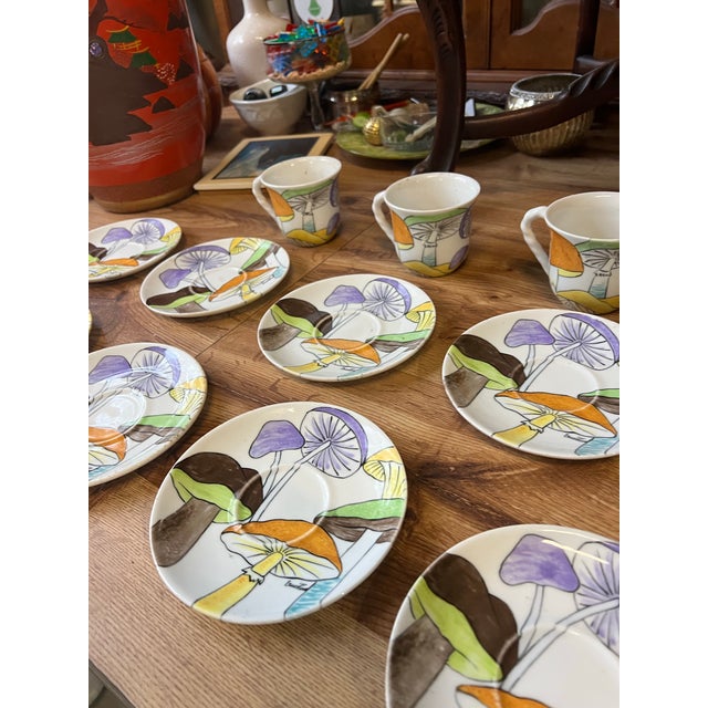 Mid-Century Modern 1970s Collection of Saucers and Teacups With Hand Painted Mushroom Details- Set of 12 For Sale - Image 3 of 11