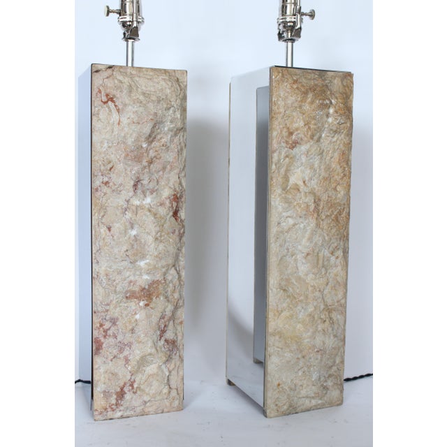 1960s Italian Natural Cut Marble & Mirrored Metal Table Lamps - A Pair For Sale - Image 9 of 12