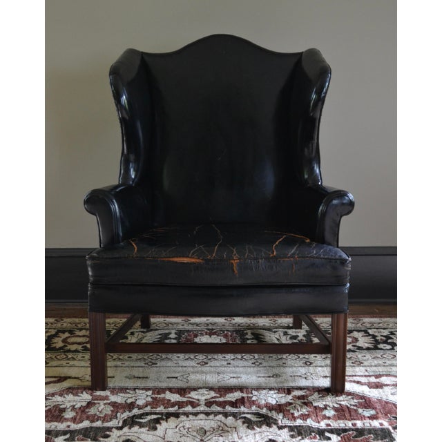 English Early Kittinger Wing Chair in Black Leather For Sale - Image 3 of 8