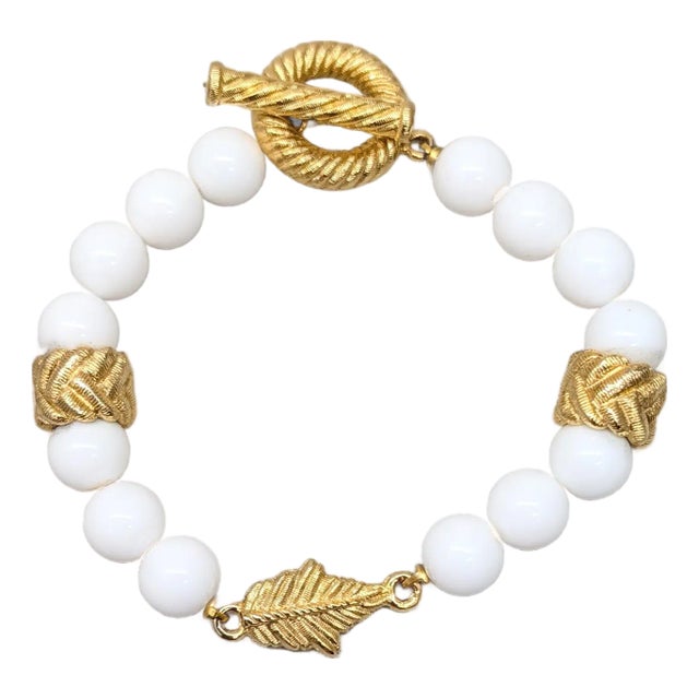 Vintage 1980s Signed Givenchy Goldtone & White Resin Leaf Toggle Bracelet For Sale