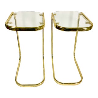1980s Postmodern Contemporary Brass & Glass Cantilever Drink Tables - A Pair For Sale