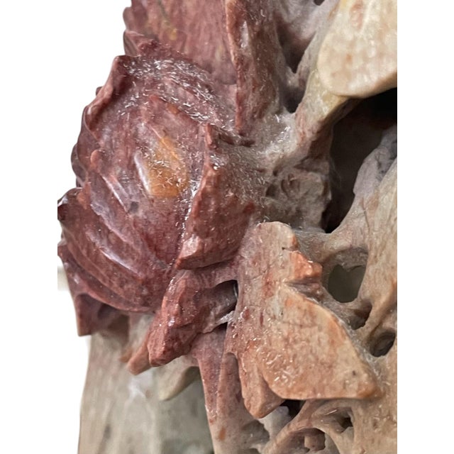 Tan Vintage 1940s Chinese Soapstone Floral Table Lamp Wood Base Chinoiserie 31” For Sale - Image 8 of 8