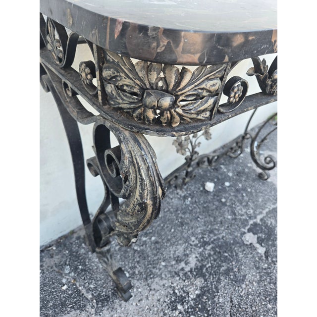1920's French Wrought Iron Console Table Adorned W Flowers W Marble Top For Sale - Image 4 of 10