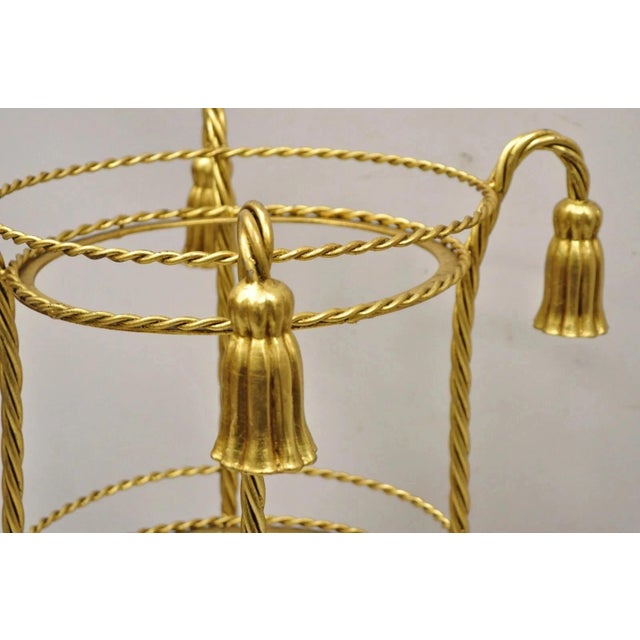 Metal Mid 20th Century Italian Hollywood Regency 3 Tier Gold Iron Rope Tassel Stand Side Tables - Pair For Sale - Image 7 of 10