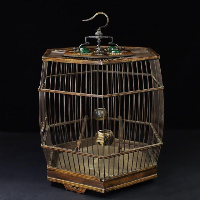 Gemstone Vintage Chinese Huali Rosewood Hexagonal Bird Cage With Gemstone Inlays and Bronze Hook For Sale - Image 7 of 9