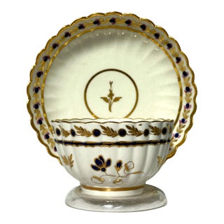 18th Century Early Worcester Tea Bow and Saucer, Fluted Cobalt and Gold Antique Porcelain Set, Bowl Marked Flight For Sale