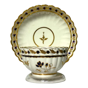 18th Century Early Worcester Tea Bow and Saucer, Fluted Cobalt and Gold Antique Porcelain Set, Bowl Marked Flight