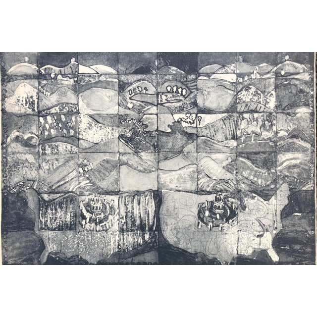Etching and aquatint of a map of the US with landscape similar to Jasper Johns by Atlanta artist Adrienne Anderson...