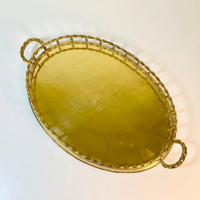 Mid-Century Hollywood Regency Boho Chic Coastal Faux Bamboo Brass Tray, Mottahedeh Attributed For Sale - Image 12 of 16