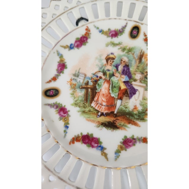 Ceramic Pair of Vintage German Reticulated Porcelain Courting Couple Cabinet Plates For Sale - Image 7 of 16