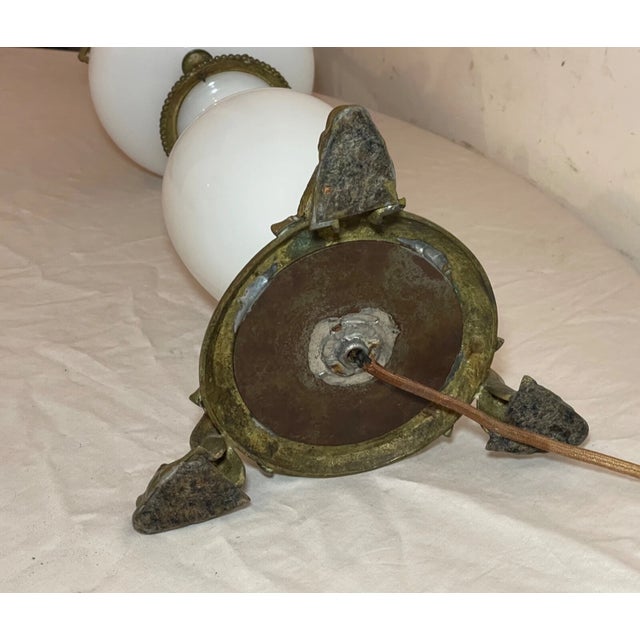 Antique 1800's Ornate Victorian Apollon Brass Milk Glass Electrified Oil Lamp For Sale - Image 13 of 13
