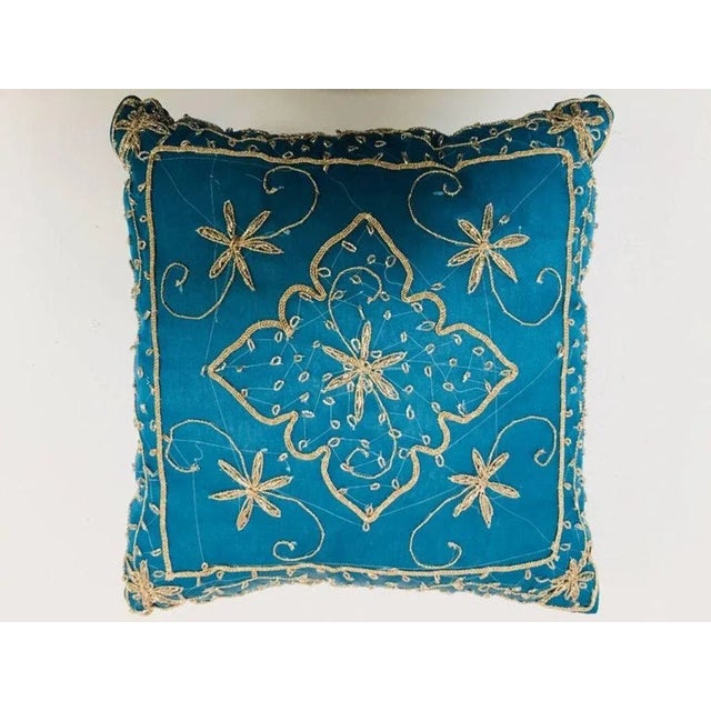 Throw Decorative Turquoise Moorish Pillow Embellished With Sequins and Beads For Sale - Image 11 of 12