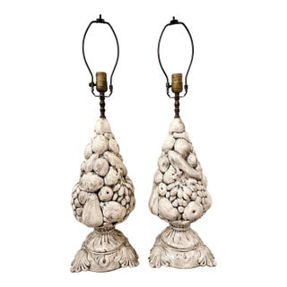 Monumental Vintage 1970’s Majolica Porcelain Fruit Topiary Lamp in the Manner of Casa Pupo, Antique Wash Over Blanc De Chine- A Pair For Sale