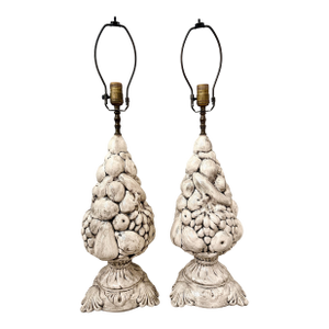 Monumental Vintage 1970’s Majolica Porcelain Fruit Topiary Lamp in the Manner of Casa Pupo, Antique Wash Over Blanc De Chine- A Pair