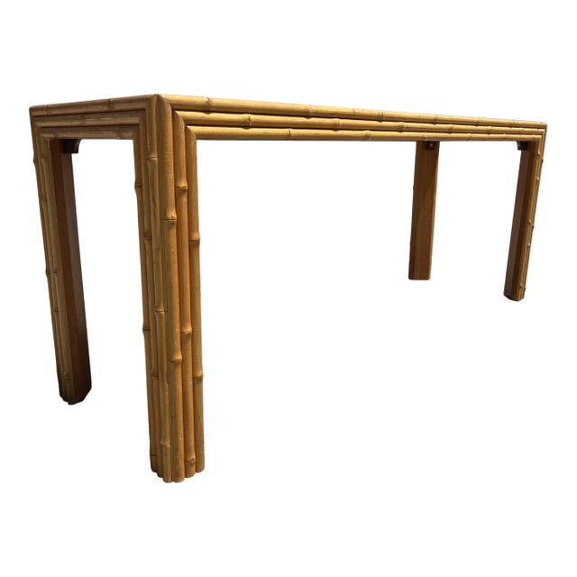 Vintage bamboo console table with a gorgeous burl laminate top in the style of McGuire. Heavy, and sturdy table, very...