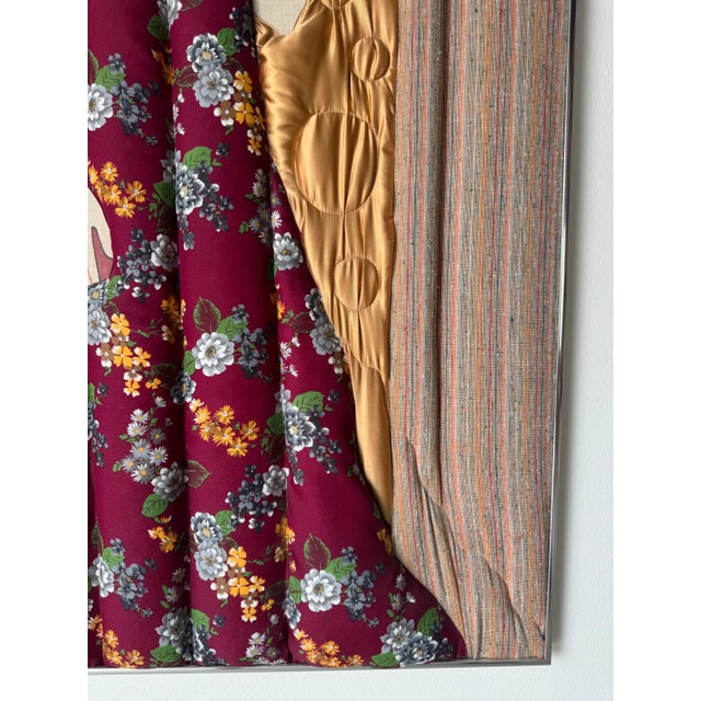 Metal 1980s Vintage Natsuko Mixed Media Wall Art – Fabric Composition in Aluminum Frame For Sale - Image 7 of 12